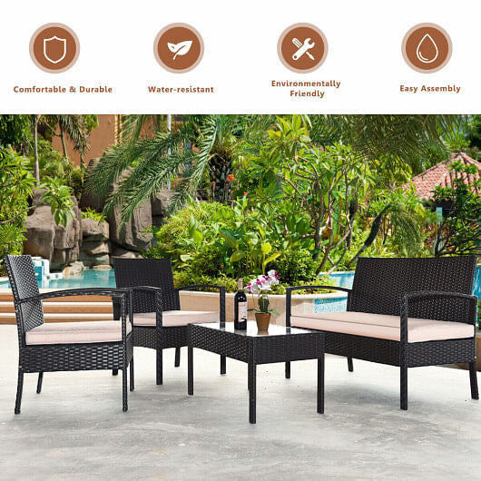 4 Pieces Patio Ratten Conversation Set with Loveseat Sofas and Coffee Table-3