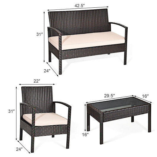 4 Pieces Patio Ratten Conversation Set with Loveseat Sofas and Coffee Table-2