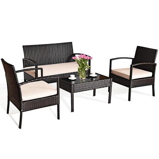 4 Pieces Patio Ratten Conversation Set with Loveseat Sofas and Coffee Table-0