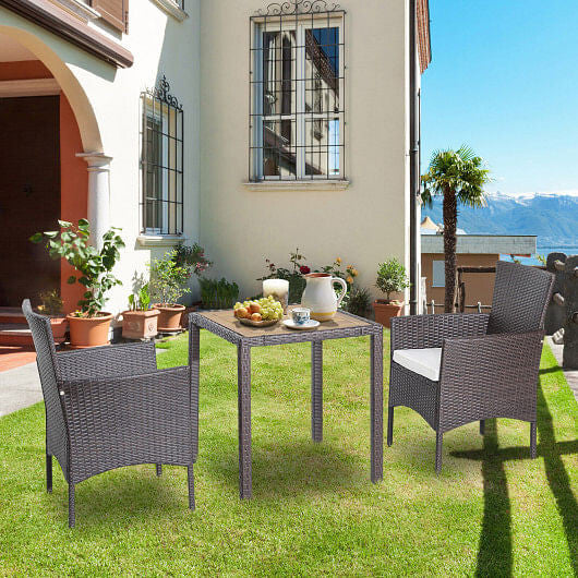 3 Pieces Patio Wicker Furniture Set wih Acacia Wood Table Top and Chair Cushiones-1