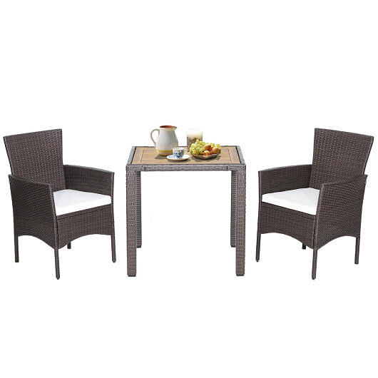 3 Pieces Patio Wicker Furniture Set wih Acacia Wood Table Top and Chair Cushiones-0