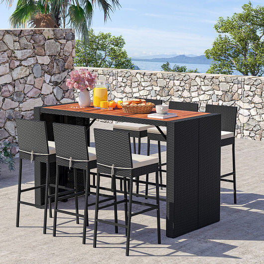 7 Pieces Patio Rattan Bar Set with Seat Cushions for Porch Yard Garden-1