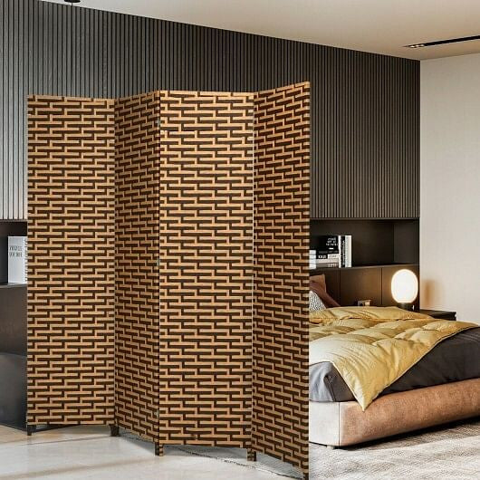 4 Panel Folding Privacy Partition Room Divider with Rustproof Hinge-Yellow-1