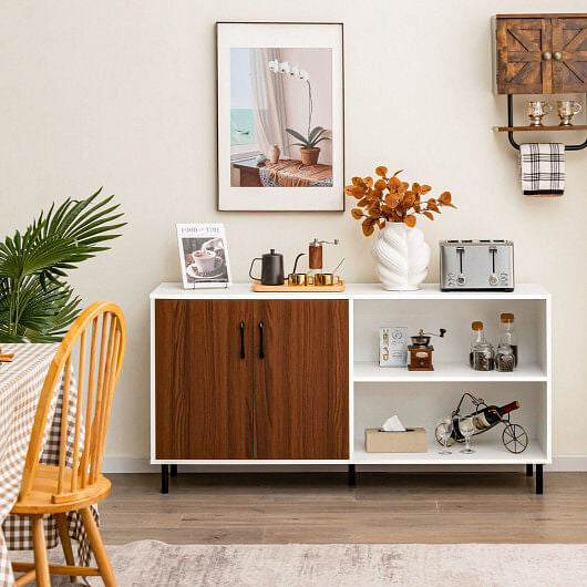 Modern Buffet Sideboard with 2 Doors and Open Compartments-Walnut-1