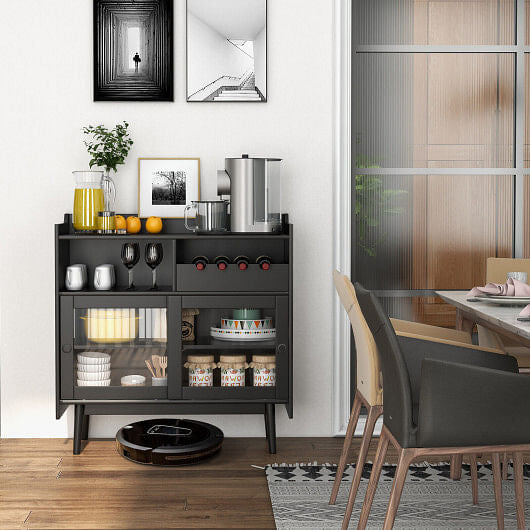 Kitchen Buffet Sideboard with Wine Rack and Sliding Door-Black-1