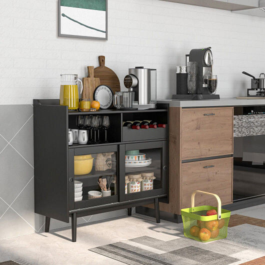 Kitchen Buffet Sideboard with Wine Rack and Sliding Door-Black-3