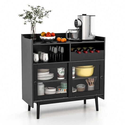 Kitchen Buffet Sideboard with Wine Rack and Sliding Door-Black-0