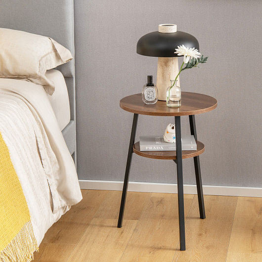 2-Tier Round End Table with Open Shelf and Triangular Metal Frame-Walnut-2
