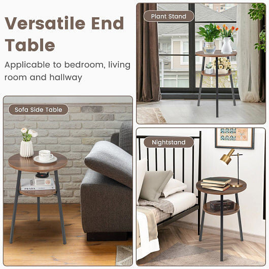 2-Tier Round End Table with Open Shelf and Triangular Metal Frame-Walnut-4