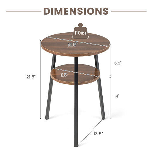 2-Tier Round End Table with Open Shelf and Triangular Metal Frame-Walnut-5