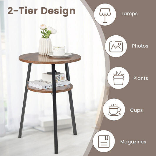 2-Tier Round End Table with Open Shelf and Triangular Metal Frame-Walnut-3