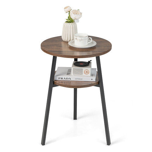 2-Tier Round End Table with Open Shelf and Triangular Metal Frame-Walnut-1