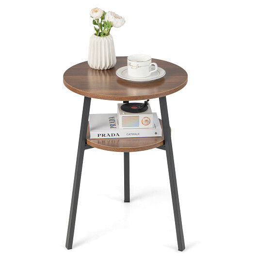 2-Tier Round End Table with Open Shelf and Triangular Metal Frame-Walnut-0