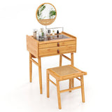 Bamboo Makeup Vanity Table with Mirror with 2 Storage Drawers-Natural-3
