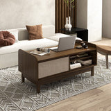 Mid-Century Center Table with Storage and Weaving Sliding Door & Adjustable Shelf-Walnut-0
