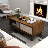 Mid-Century Center Table with Storage and Weaving Sliding Door & Adjustable Shelf-Walnut-1