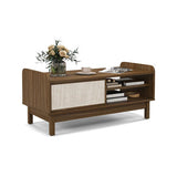 Mid-Century Center Table with Storage and Weaving Sliding Door & Adjustable Shelf-Walnut-2