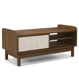 Mid-Century Center Table with Storage and Weaving Sliding Door & Adjustable Shelf-Walnut-4