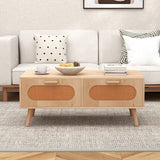 Rattan Coffee Table Mid Century Modern Center Table with 2 Storage Drawers-Natural-0