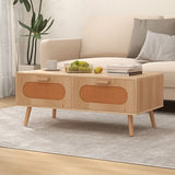 Rattan Coffee Table Mid Century Modern Center Table with 2 Storage Drawers-Natural-1