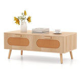 Rattan Coffee Table Mid Century Modern Center Table with 2 Storage Drawers-Natural-4