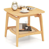 Boho Bamboo Sofa Side Table with Faux Rattan Storage Shelf-Natural-2