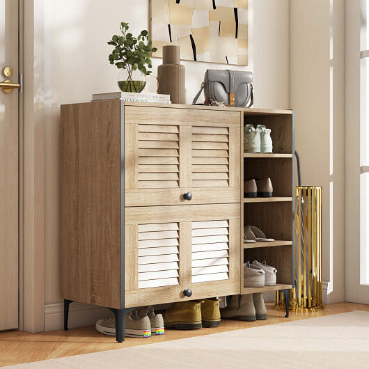 Shoe Rack Organizer with Flip-up See-through Doors and Adjustable Shelves-Oak-1