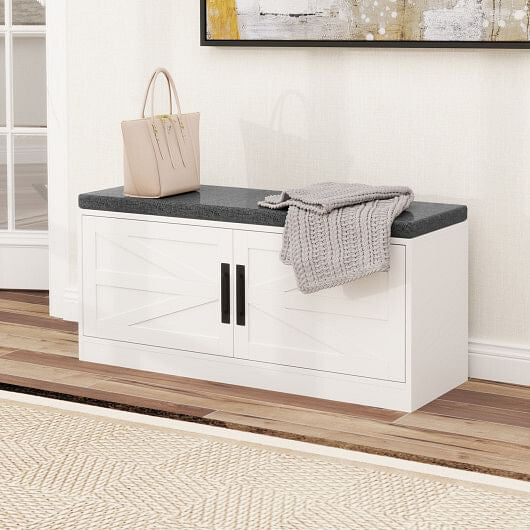 Shoe Bench with Cushion Farmhouse Shoe Rack Organizer with 2 Barn Doors-White-0