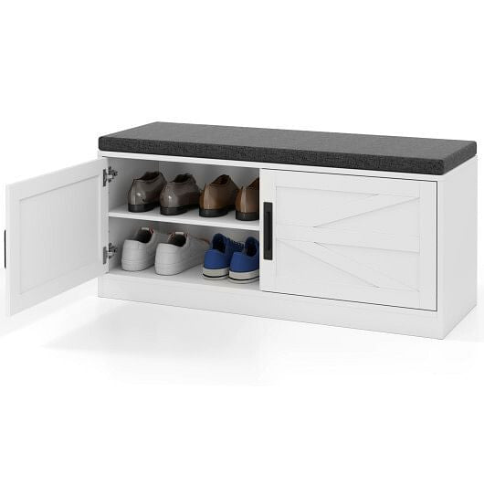 Shoe Bench with Cushion Farmhouse Shoe Rack Organizer with 2 Barn Doors-White-2