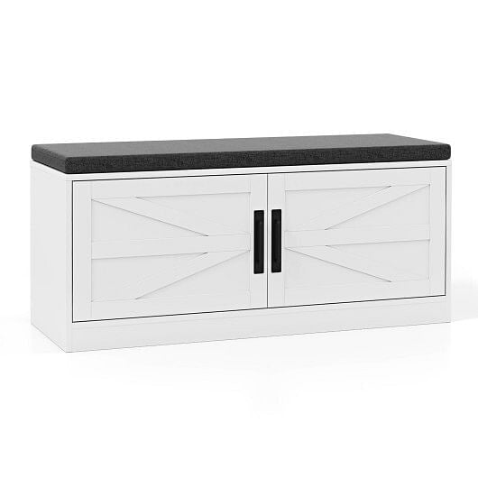 Shoe Bench with Cushion Farmhouse Shoe Rack Organizer with 2 Barn Doors-White-4