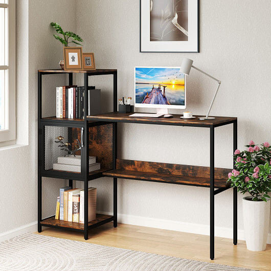 Computer Desk with Bookshelf Home Office Desk with Storage Cabinet and Shelves-Rustic Brown-0