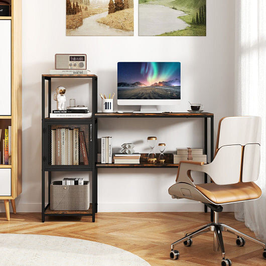 Computer Desk with Bookshelf Home Office Desk with Storage Cabinet and Shelves-Rustic Brown-1