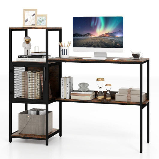Computer Desk with Bookshelf Home Office Desk with Storage Cabinet and Shelves-Rustic Brown-2