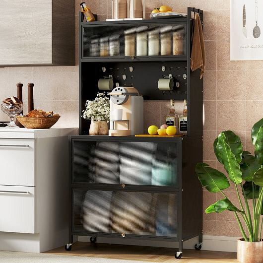 5 Tier Kitchen Bakers Rack with Lights Multifunctional Microwave Stand with Flip Door Cabinets-Black-0