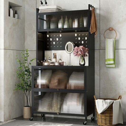 5 Tier Kitchen Bakers Rack with Lights Multifunctional Microwave Stand with Flip Door Cabinets-Black-1