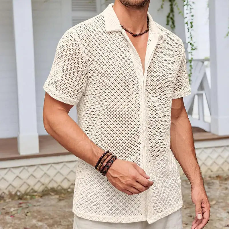 Vintage Style Summer Mesh Short Sleeve Shirt  Men Clothing