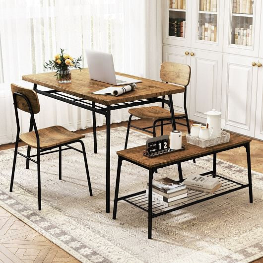 4 Piece Dining Table Set for 4 Metal Frame with Bench and 2 Chairs-Brown-1