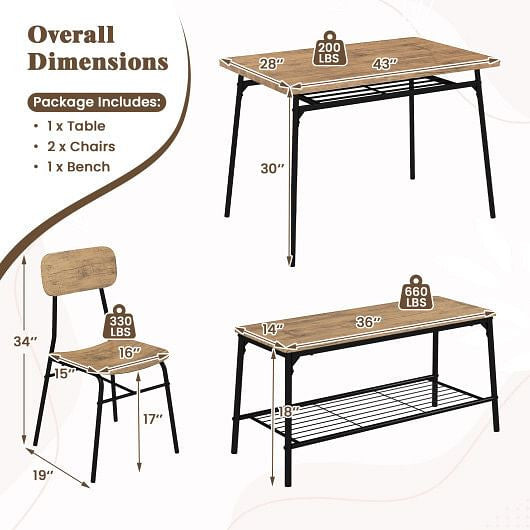 4 Piece Dining Table Set for 4 Metal Frame with Bench and 2 Chairs-Brown-2