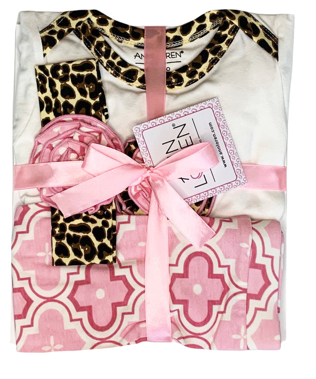 AnnLoren Baby Girls Layette Pink Leopard Onesie Pants Headband 3pc Gift Set Clothing