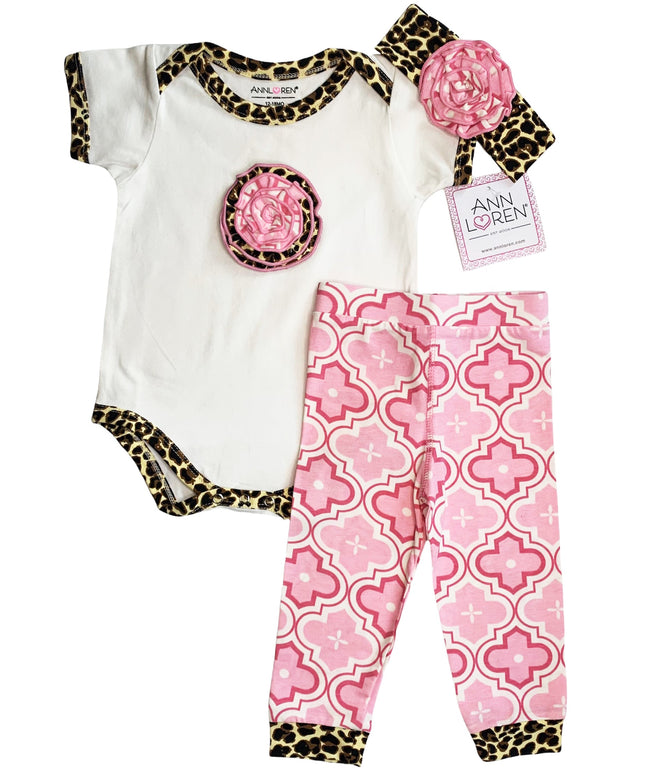 AnnLoren Baby Girls Layette Pink Leopard Onesie Pants Headband 3pc Gift Set Clothing
