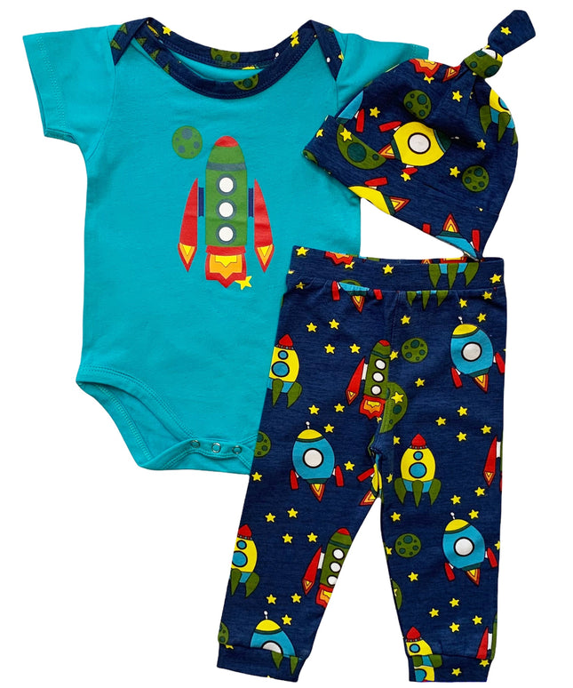 AnnLoren Baby Boys Layette Space Ship Onesie Pants Cap 3pc Gift Set Clothing