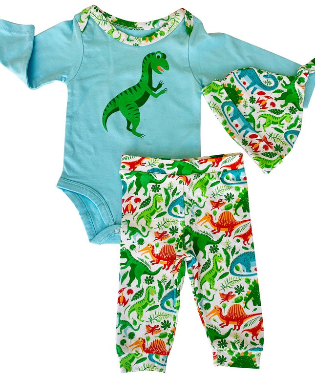 AnnLoren Baby Layette Boys Dinosaur Long Sleeve Onesie Pants Cap 3pc Gift Set