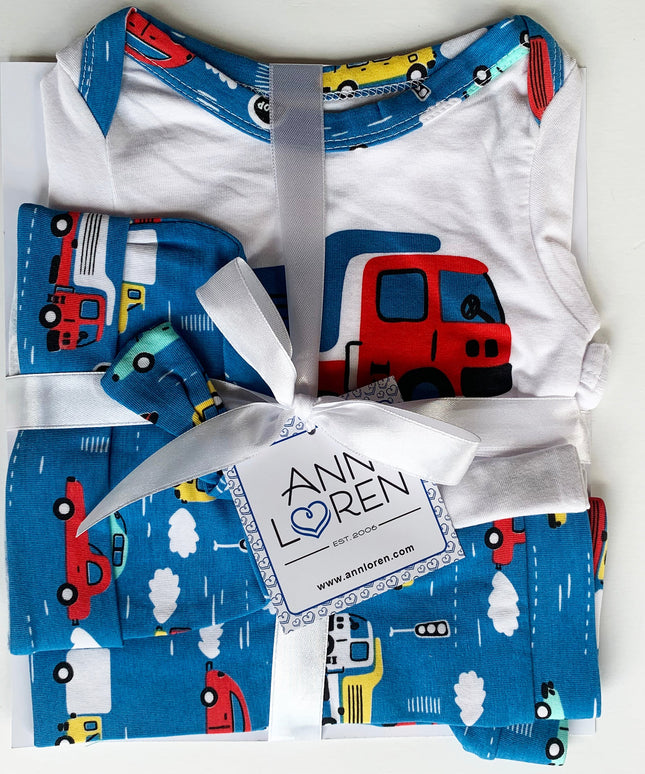 AnnLoren Baby Boys Layette Cars Trucks Long Sleeve Onesie Pants Cap 3pc Gift Set