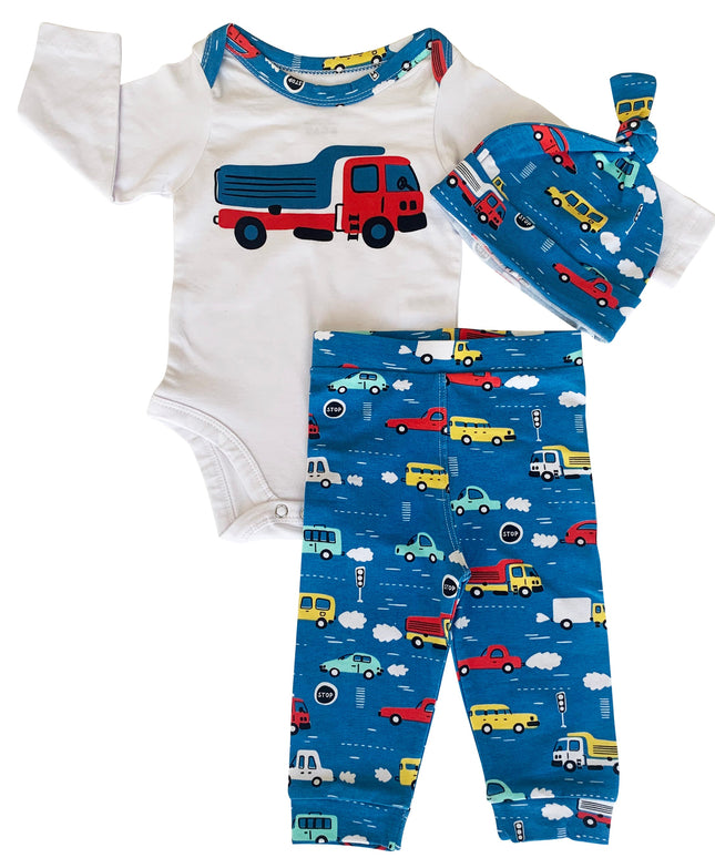 AnnLoren Baby Boys Layette Cars Trucks Long Sleeve Onesie Pants Cap 3pc Gift Set