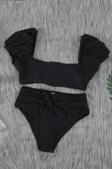 Black Bubble Sleeves Square Neck High Waist Bikini