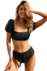 Black Bubble Sleeves Square Neck High Waist Bikini
