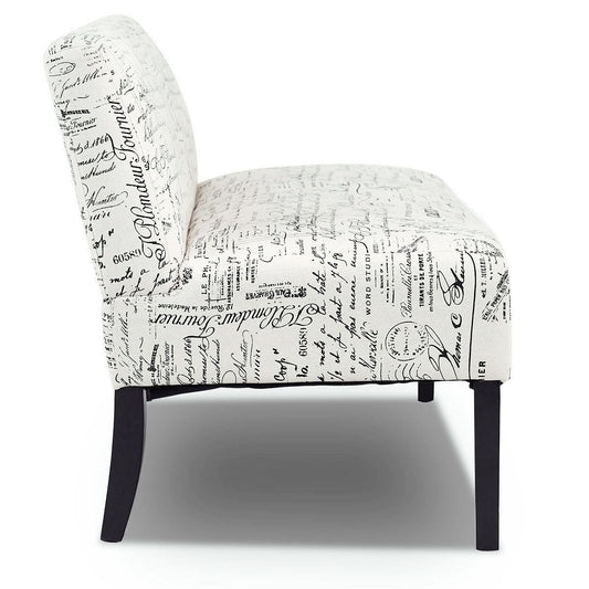 Modern Loveseat Sofa with Off-White Cursive Pattern Upholstery and Black Wood Legs-0