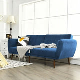 Modern Scandinavian Blue Linen Upholstered Sofa Bed with Wooden Legs-0