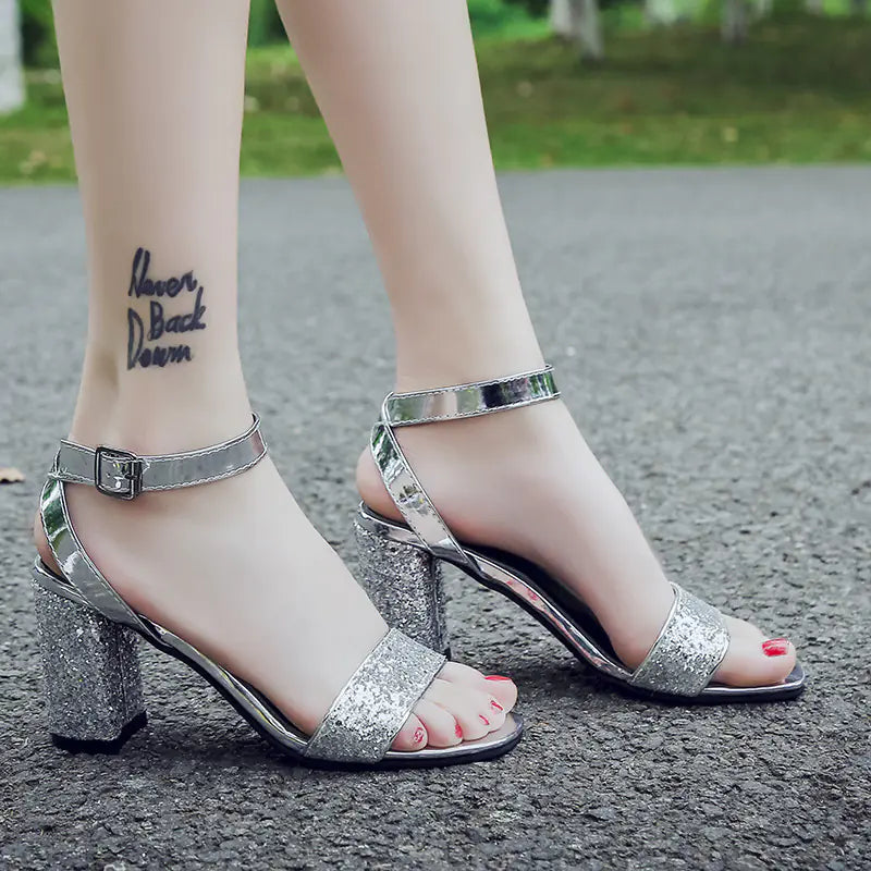Classic Style Open Toe Chunky Heel Rhinestone Pumps