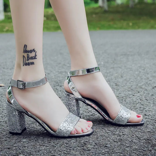Classic Style Open Toe Chunky Heel Rhinestone Pumps